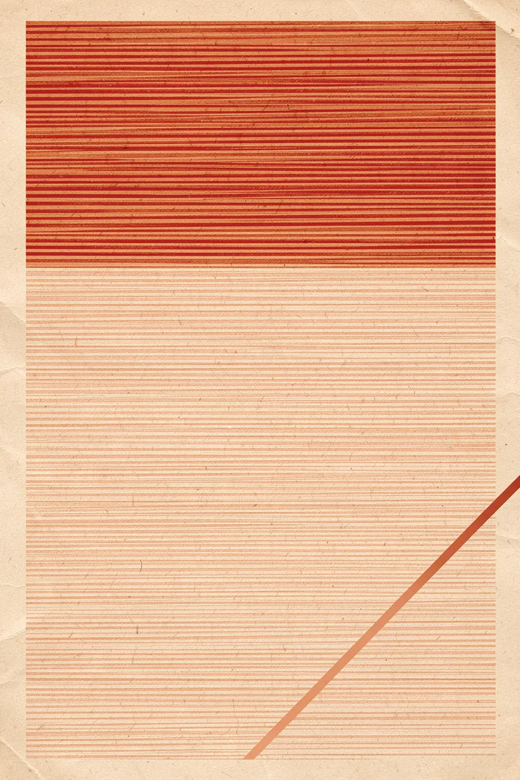 Whispering Textures. Fine horizontal red and pale-peach lines fill a large rectangle on textured beige paper, crossed by a diagonal terracotta line at the lower right.