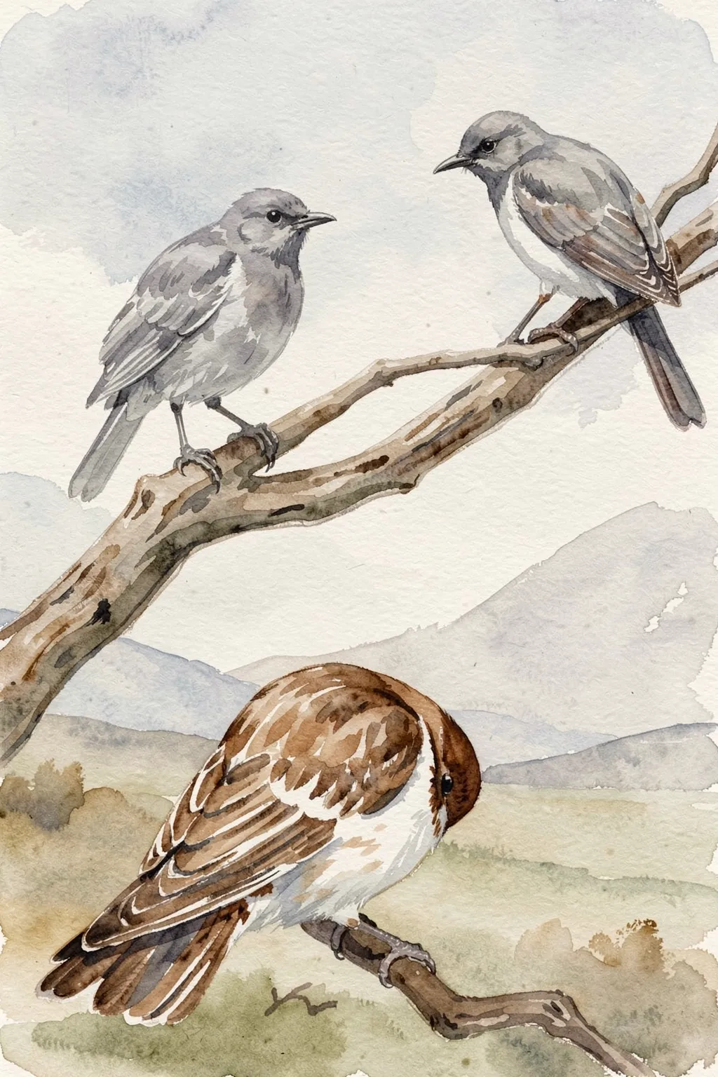 Three Birds, Two Inca Pigeons and a Collared Bearded Cuckoo. Three small birds perch on bare branches against a pale watercolor sky, with a hazy landscape of hills and grass behind them.