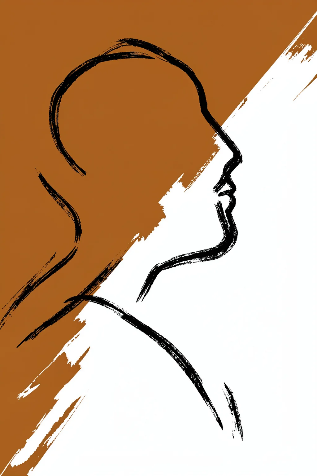 Abstract Line Face. A black continuous-line profile of a face appears beside a broad brown field and a diagonal white paint stroke.