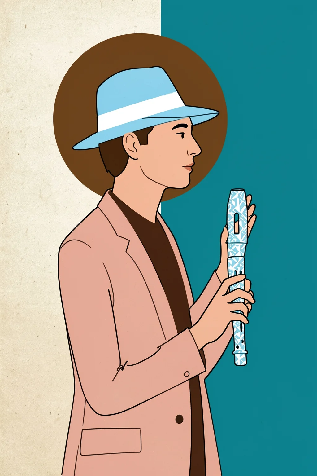 Stylish Jazz Player. A line-drawn man in a pale pink jacket and blue brimmed hat holds a patterned wind instrument against a split cream and teal background.