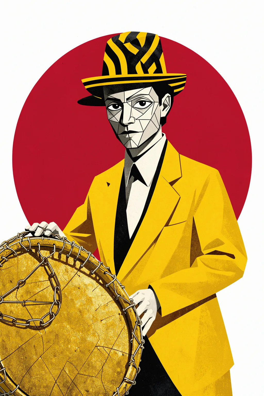 Stylized Jazz Drummer. A geometric portrait shows a drummer in a bright yellow suit and patterned hat behind a large decorated drum, framed by a red circle.