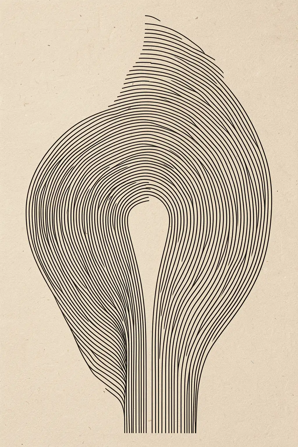 Curved Symmetry. Fine black contour lines bend symmetrically around a central opening, forming a tall looped shape on a lightly textured cream background.