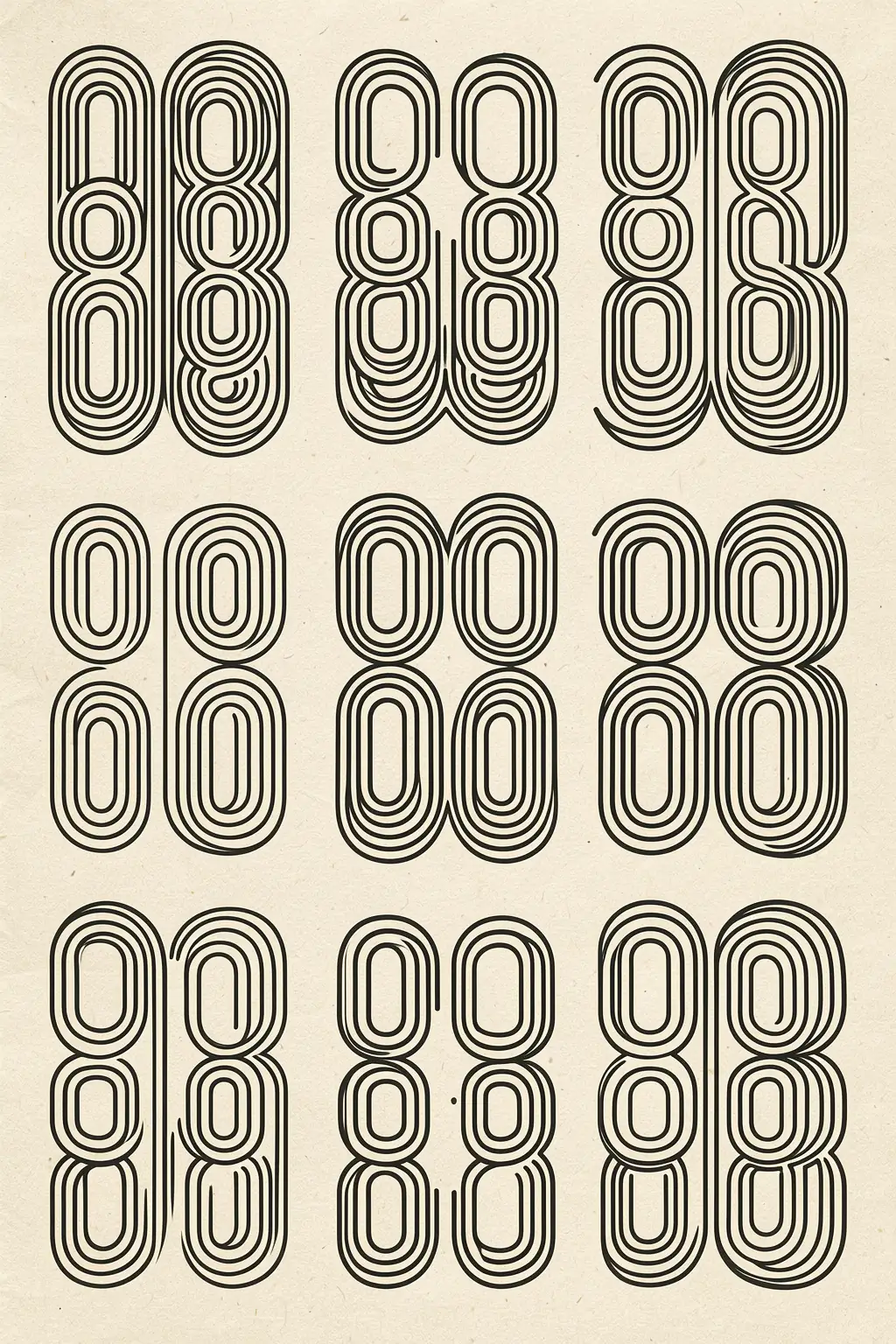 Retro Waves. Repeated black nested arches and oval loops form a three-row pattern on warm ivory paper.