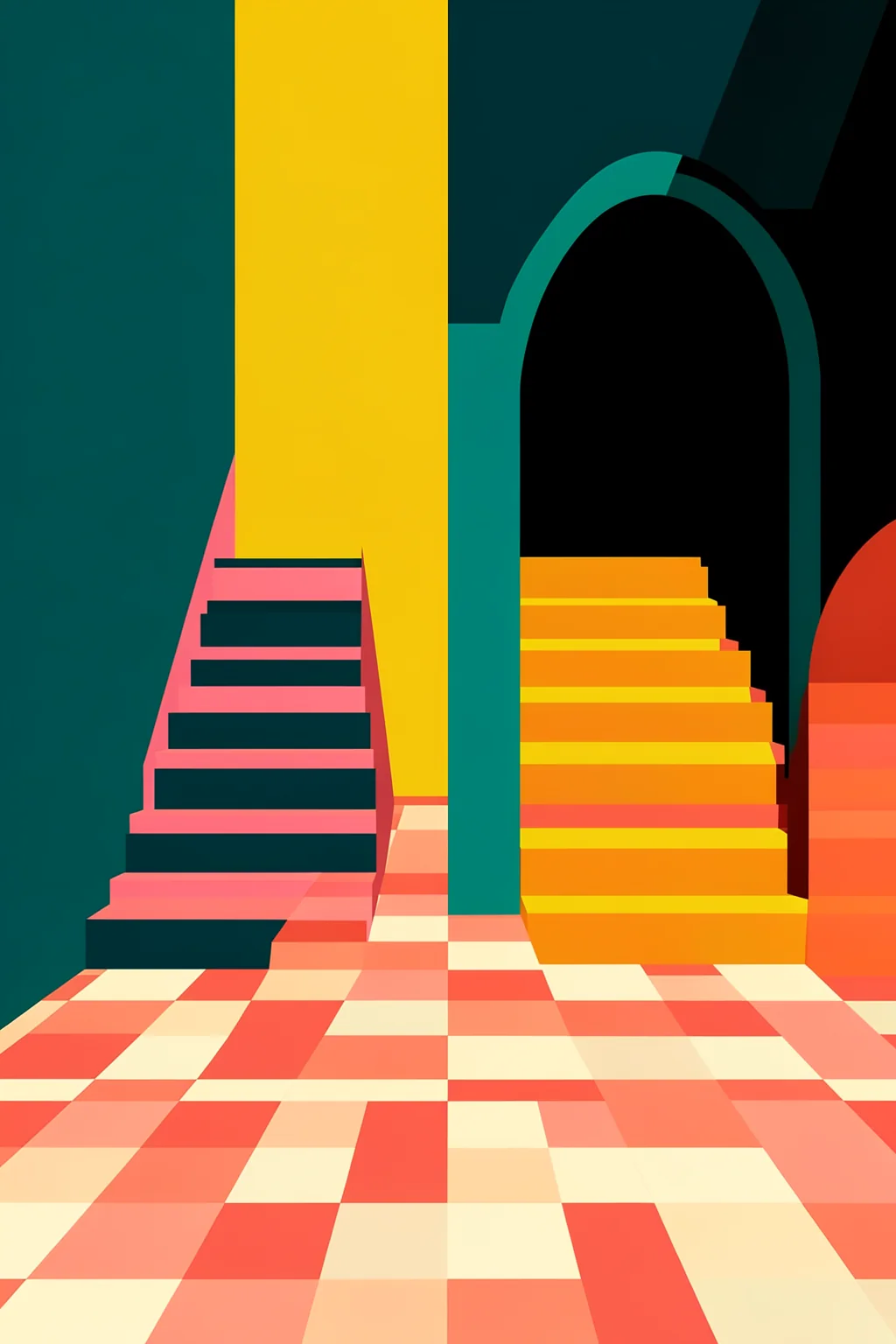 Vibrant Geometric Archways. A bright geometric corridor of arches and stair-like blocks recedes toward a dark opening, using coral, pink, yellow and teal.