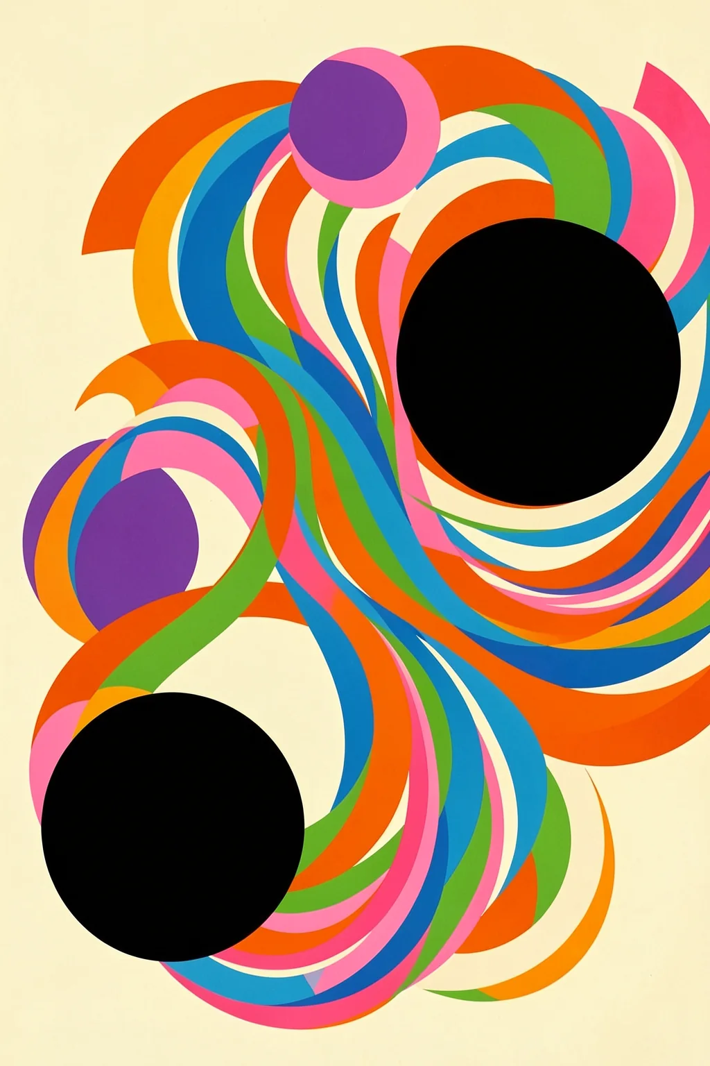 Vibrant Swirling Abstract. Bright orange, blue, green, pink, and purple curved bands swirl around two large black circles on a pale background.