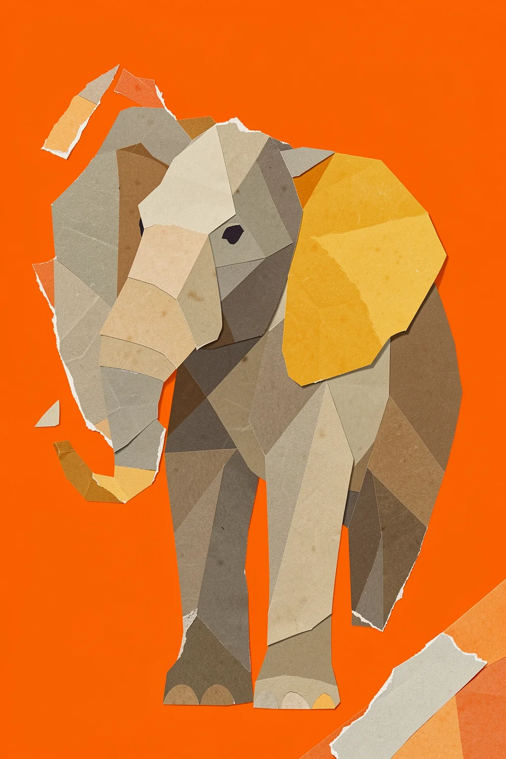 Geometric Elephant. A torn-paper collage forms a standing elephant from angular beige, gray, and brown pieces against a vivid orange background.