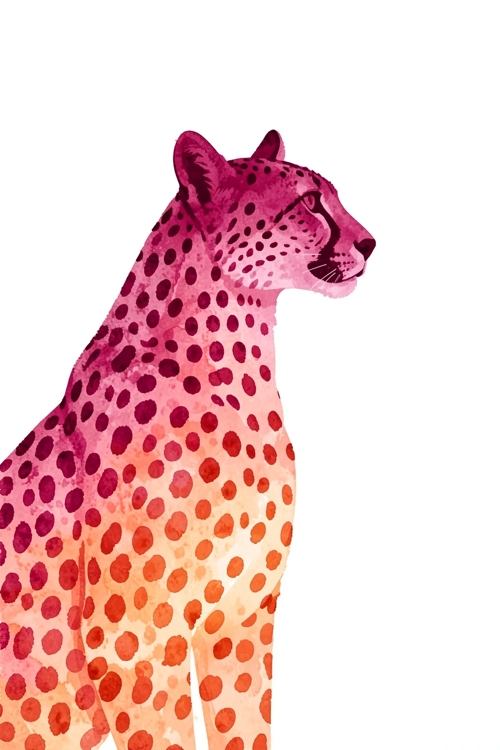 Vibrant Watercolor Cheetah. A pink-and-orange watercolor big cat with dark spots is shown in side profile against a white background.