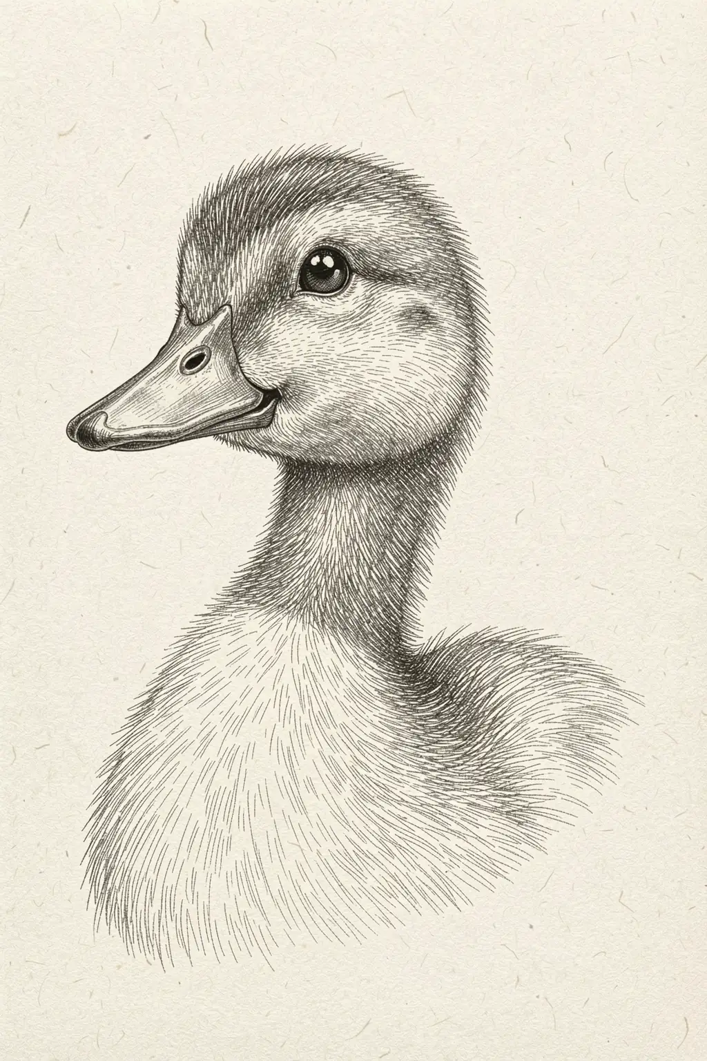 Fluffy Duckling Sketch. A finely crosshatched black-and-white drawing shows a duckling’s head and upper body against textured ivory paper.