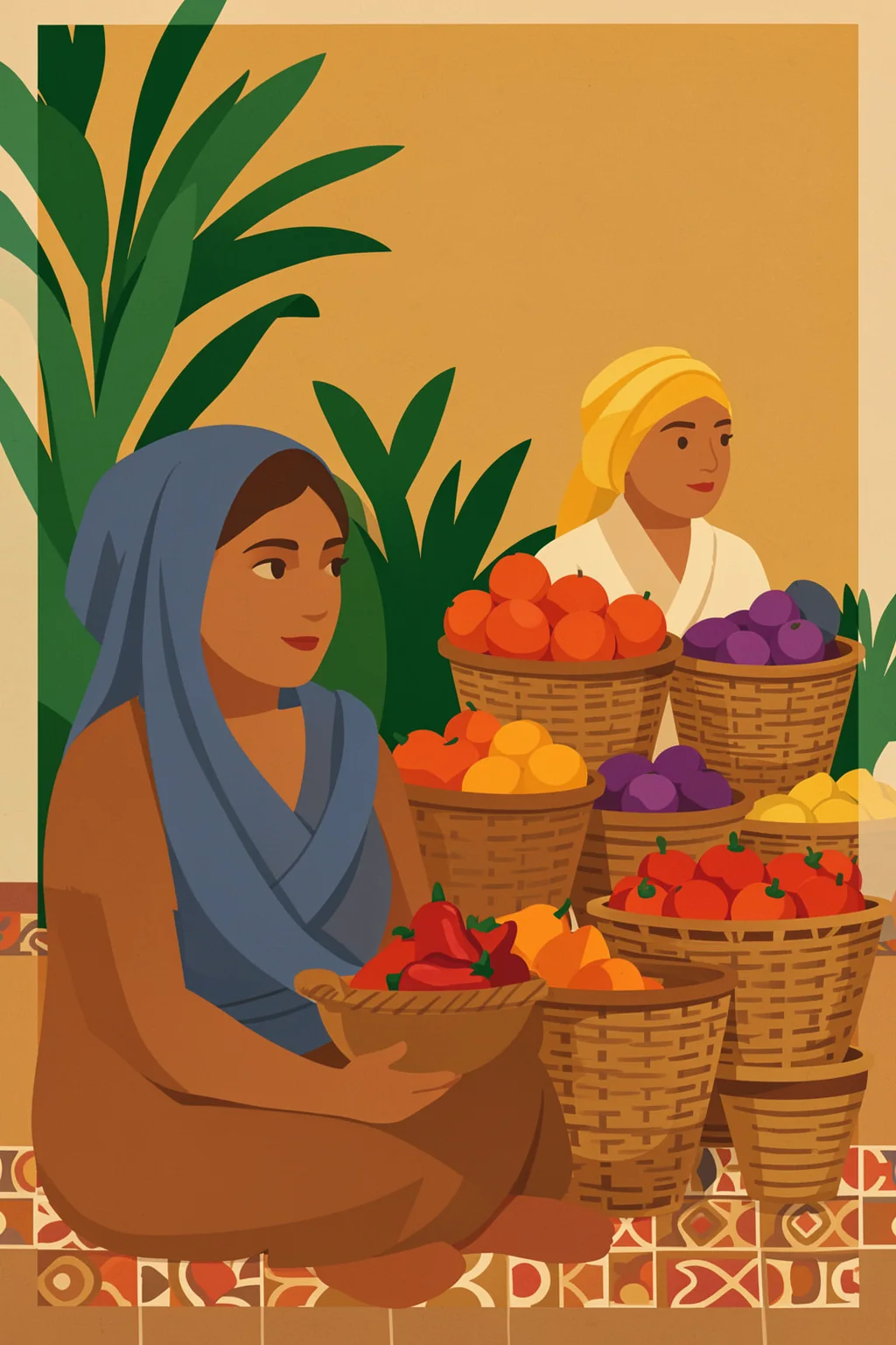 Flower Sisters. Two women sit among baskets of colorful produce beneath tall green leaves, with a patterned tile border along the bottom.