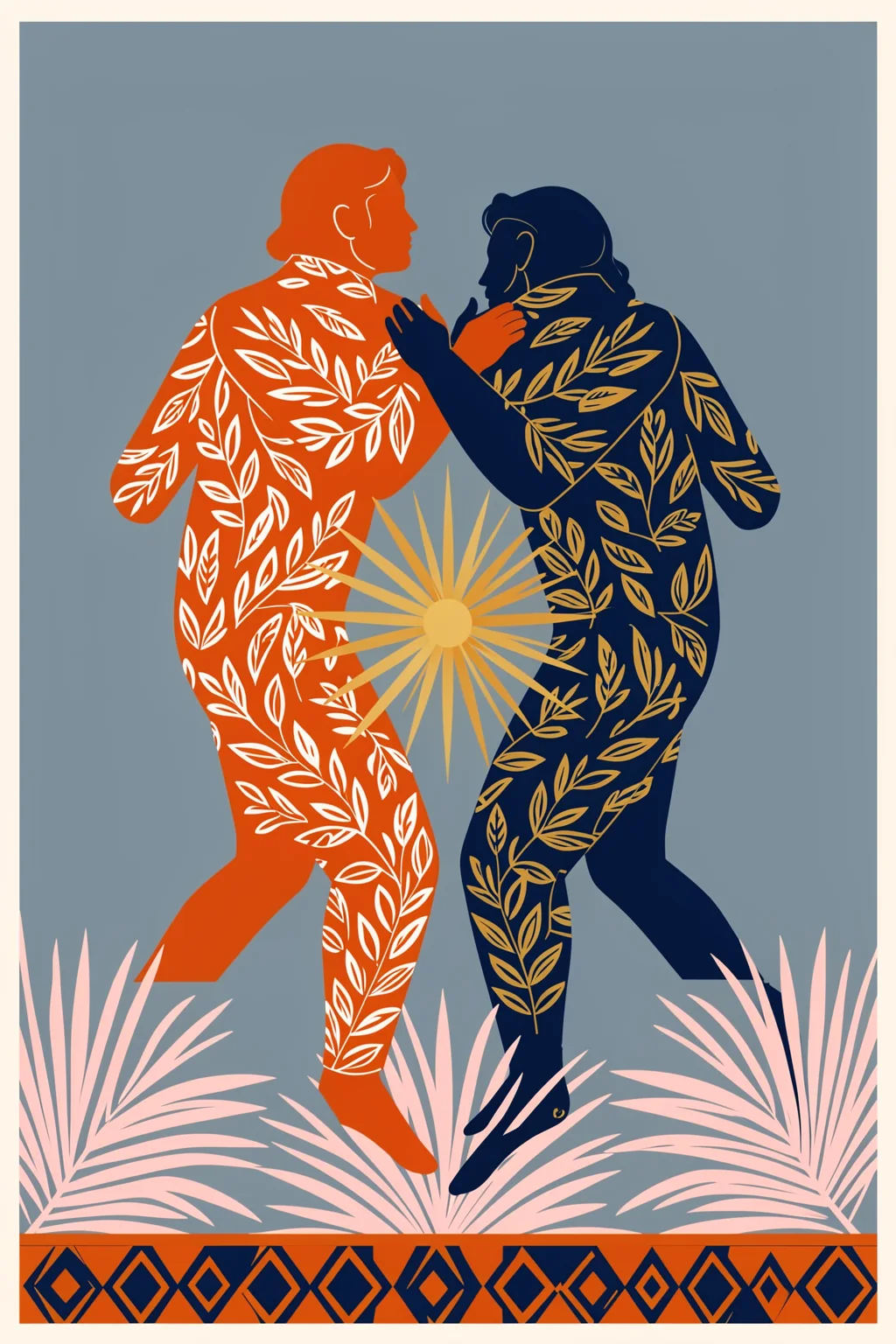 Sisterhood. Two stylized figures in patterned orange and navy clothing face one another above pale grasses, with a yellow sunburst between them.