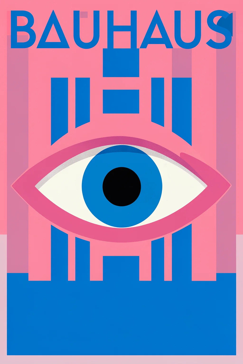Bauhaus Eye. The word “BAUHAUS” sits above a large blue-and-black eye, framed by bold pink and blue geometric blocks.