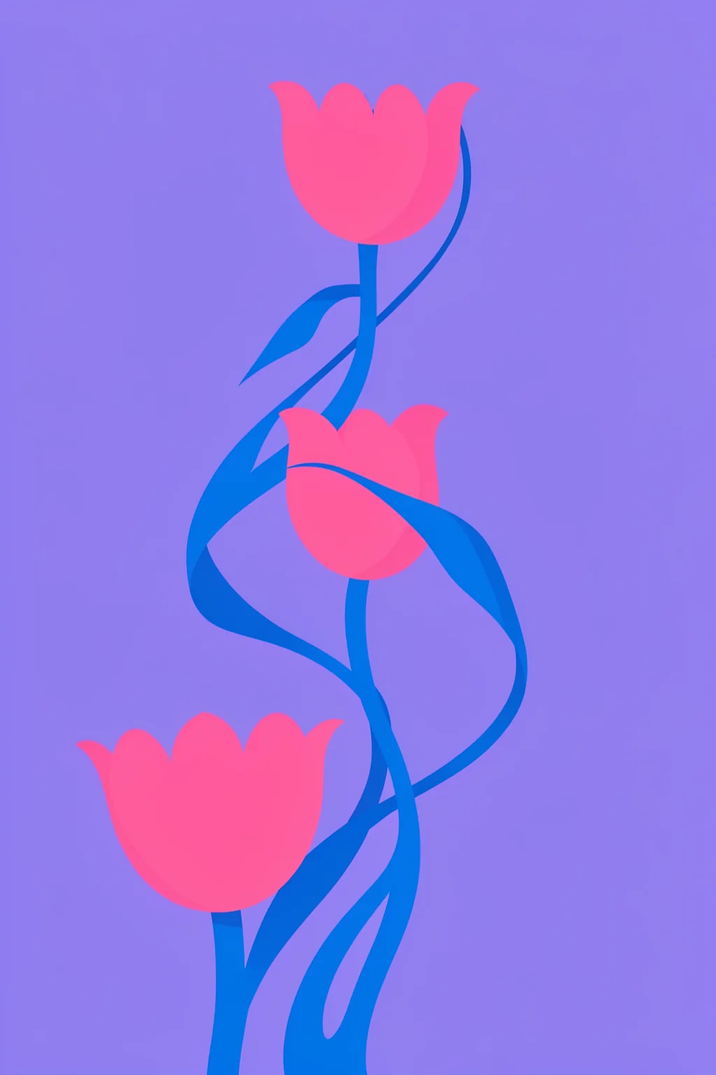 Crimson Blooms. Three bright pink tulip-like blooms rise on looping blue stems against a solid lavender-purple background.