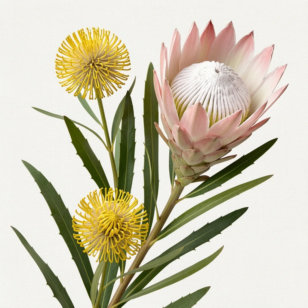 Blush Protea Bouquet. A large pale-pink protea and two round yellow blooms sit among long green leaves on an off-white ground.