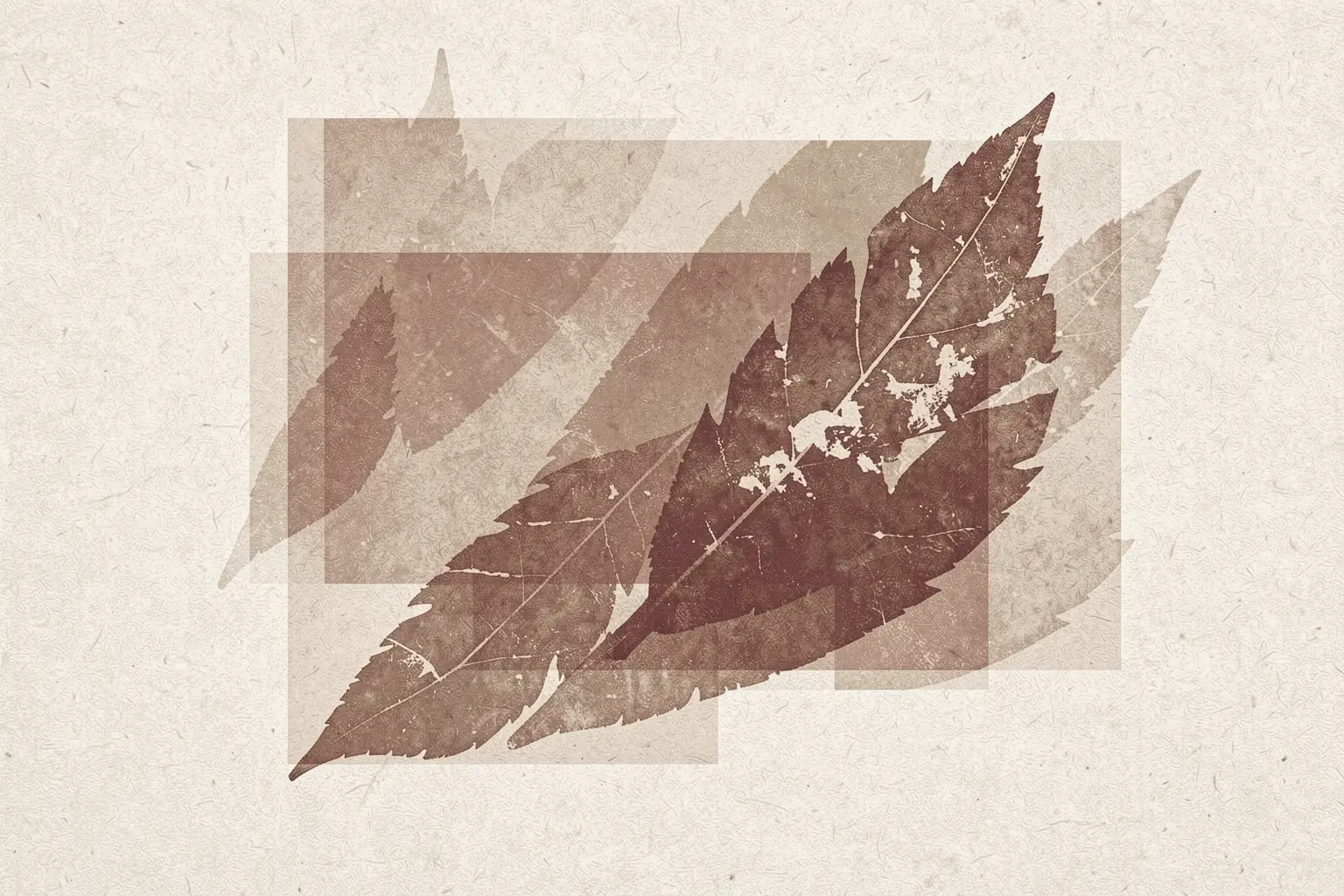 Layered Autumn Leaves. Overlapping sepia leaf silhouettes and translucent rectangular panels form a layered composition on textured ivory.
