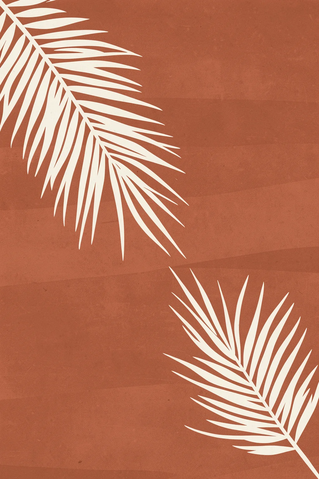 Terracotta Palm Fronds. Two large cream palm fronds enter diagonally from opposite corners of a textured terracotta field.