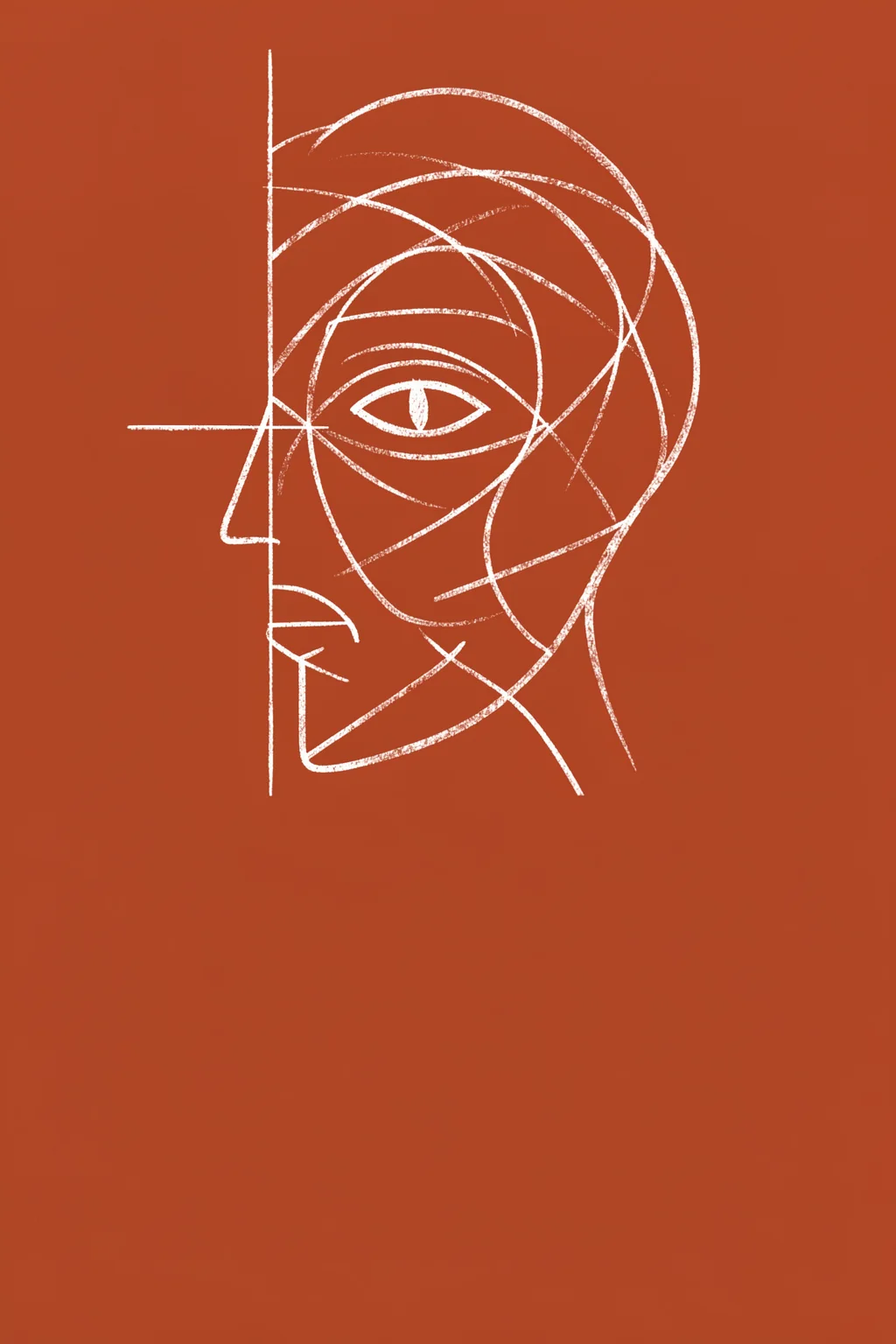 Abstract Terracotta Face. A white continuous-line drawing outlines a geometric face and single eye on a solid terracotta-red background.