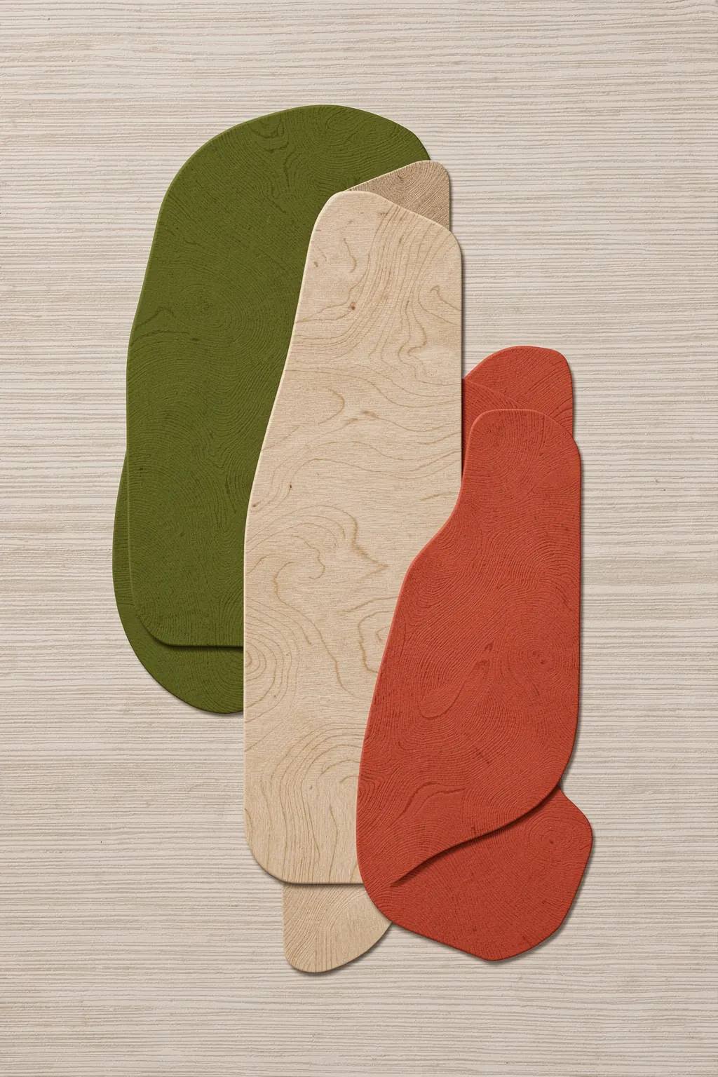 Earthy Abstract Shapes. Three overlapping rounded, textured forms in olive green, pale beige, and rust red sit on a finely lined light-wood background.
