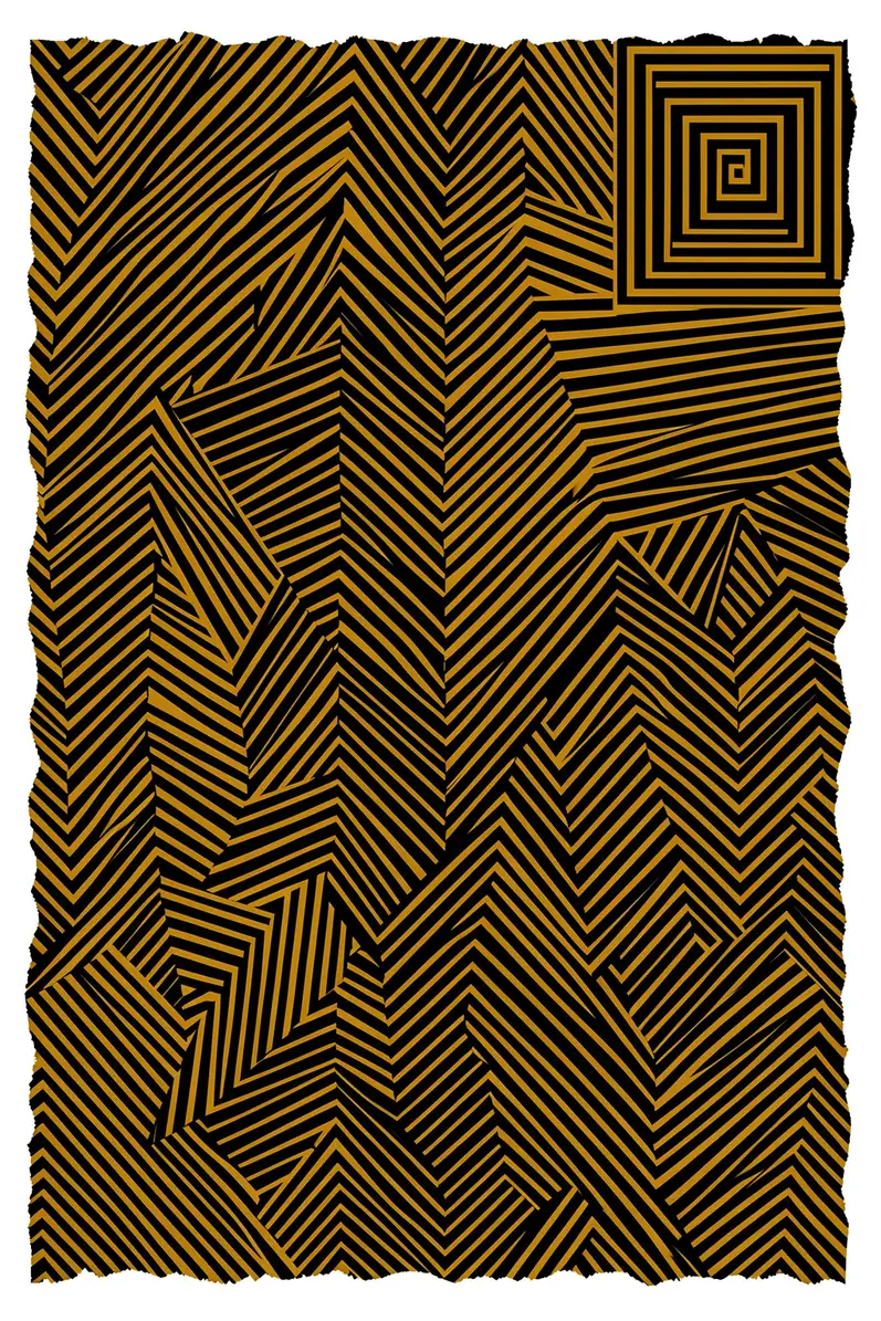 Geometric Maze Pattern. A torn-edged rectangle filled with dense black and ochre lines forms angular maze paths, chevrons, and a square spiral on a pale ground.