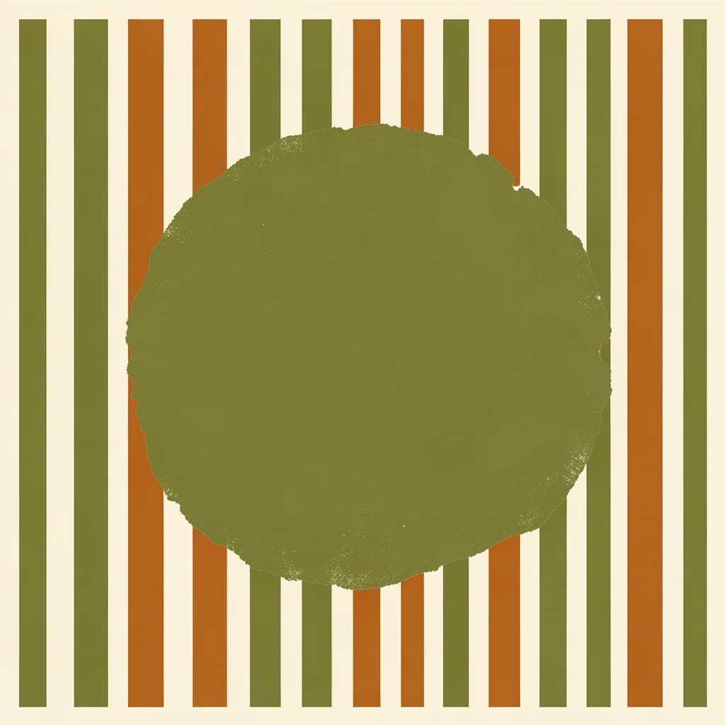 Green Circle Stripes. A large olive-green circle overlaps vertical olive and rust stripes on a pale cream background.