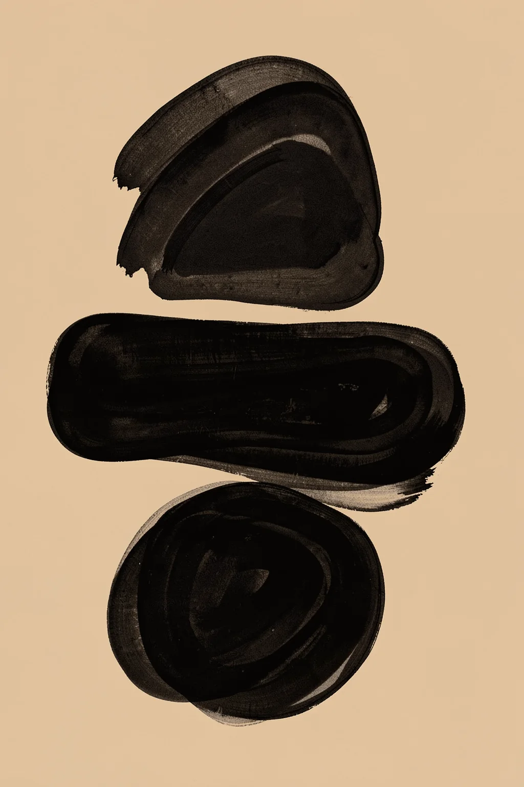 Modern Flowing Abstract Shapes. Three black brush-painted forms—a rounded arch, a short horizontal bar, and a circle—are spaced vertically on warm beige.
