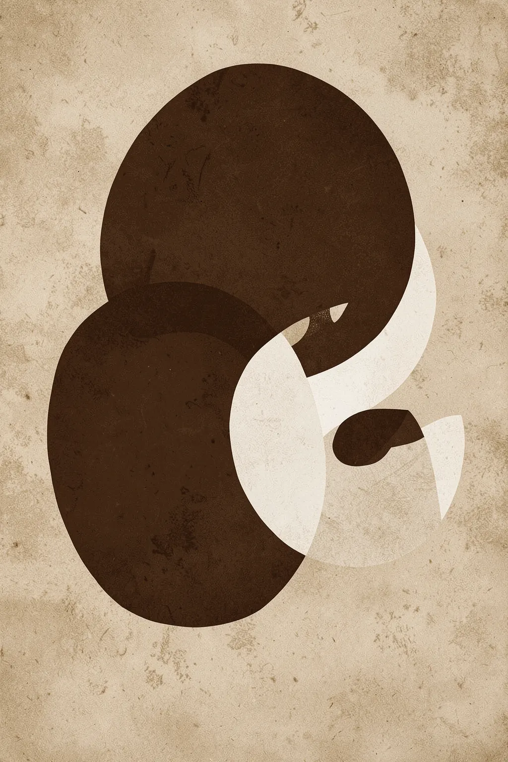 Orbitalesno01. Large overlapping dark-brown circular forms and cream cutouts create an abstract loop composition on textured beige paper.