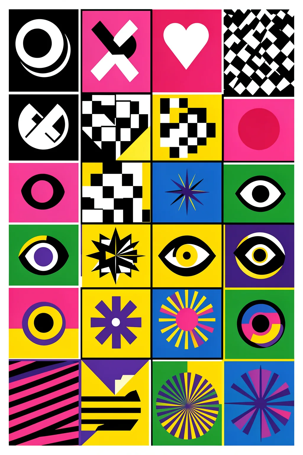 Colorful Abstract Shapes. A grid of vivid pink, yellow, blue, and green panels contains bold geometric symbols including eyes, a heart, circles, stars, checkerboards, and stripes.