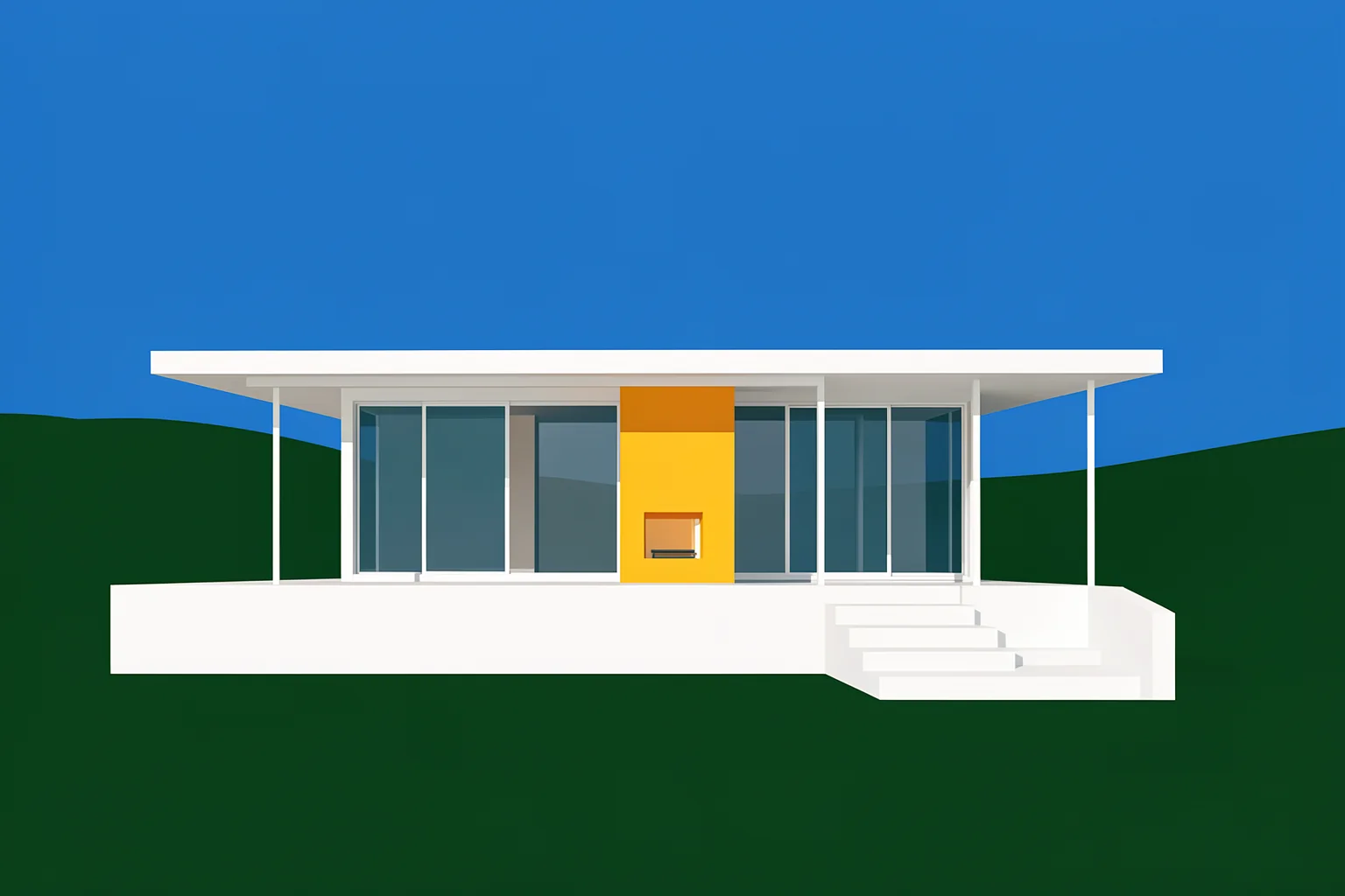 Ludwig Mies Van Der Rohe Farnsworth House. A symmetrical glass-fronted house with a wide white flat roof and yellow central wall stands against dark-green hills and a blue sky.