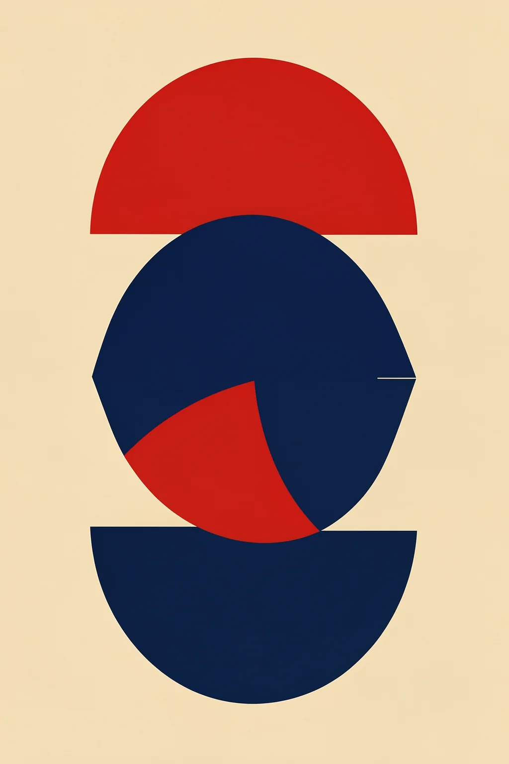 Modern Geometric Arcs. Overlapping red and deep-navy semicircles and curved shapes form a vertical geometric composition on a warm cream field.