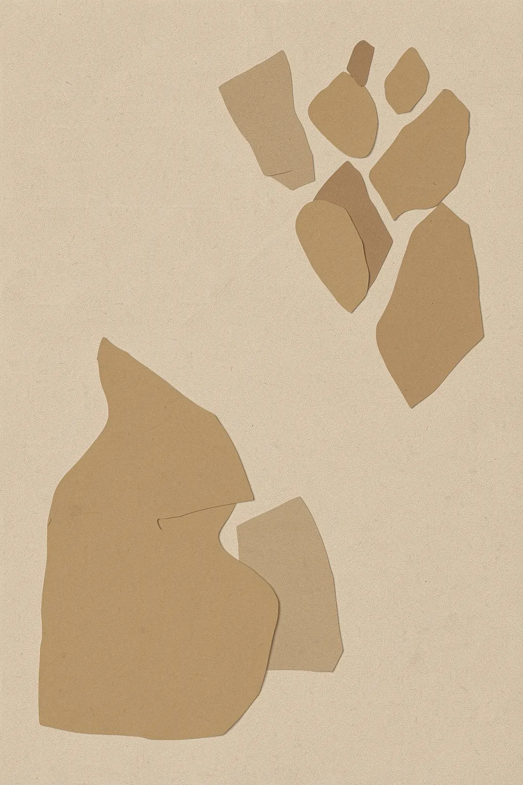 Abstract Beige Flow. Irregular tan paper-like forms cluster along the upper right and lower left, leaving open space across a textured cream background.
