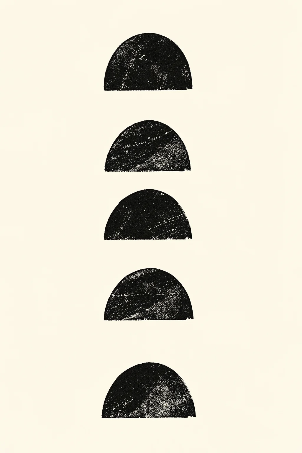 Abstract Stacked Shapes. Five distressed black semicircular forms are stacked vertically in a centered column on pale cream.
