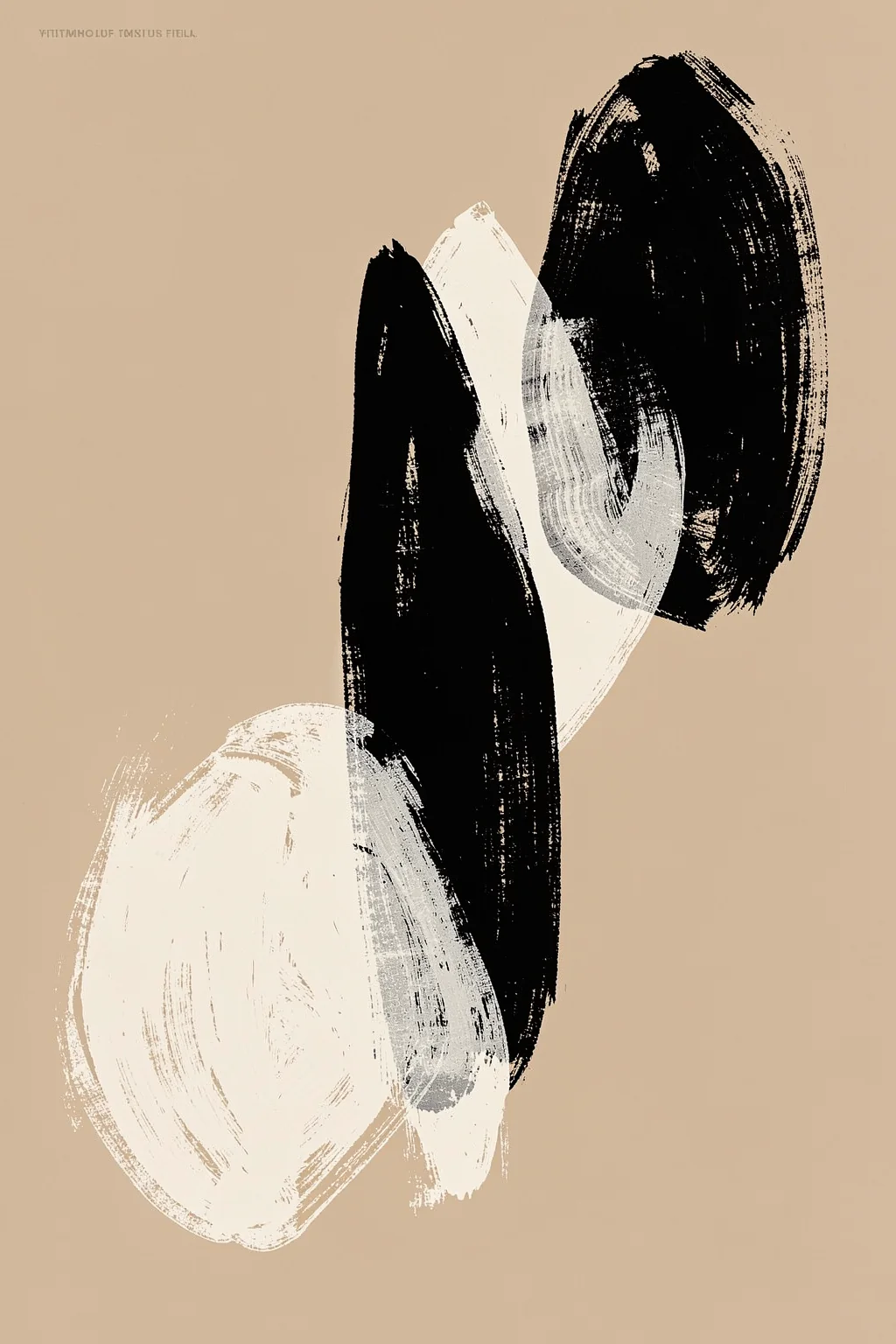 Flowing Organic Forms. Contrasting black, white, and gray brush marks overlap vertically on a warm tan background.