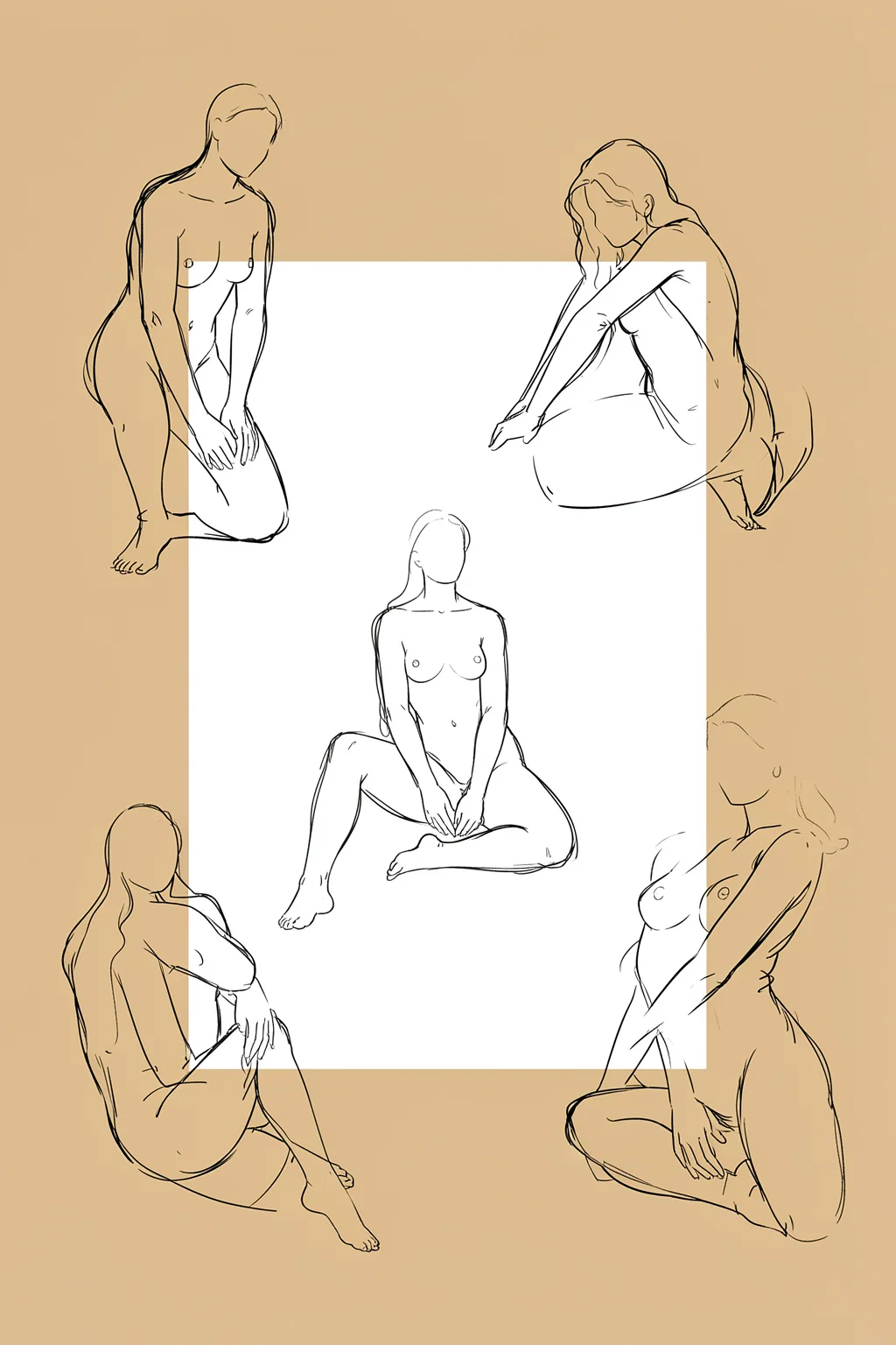 Fluid Figure Line Art. Fine black contour sketches of seated nude figures surround a central seated figure on a warm beige field.