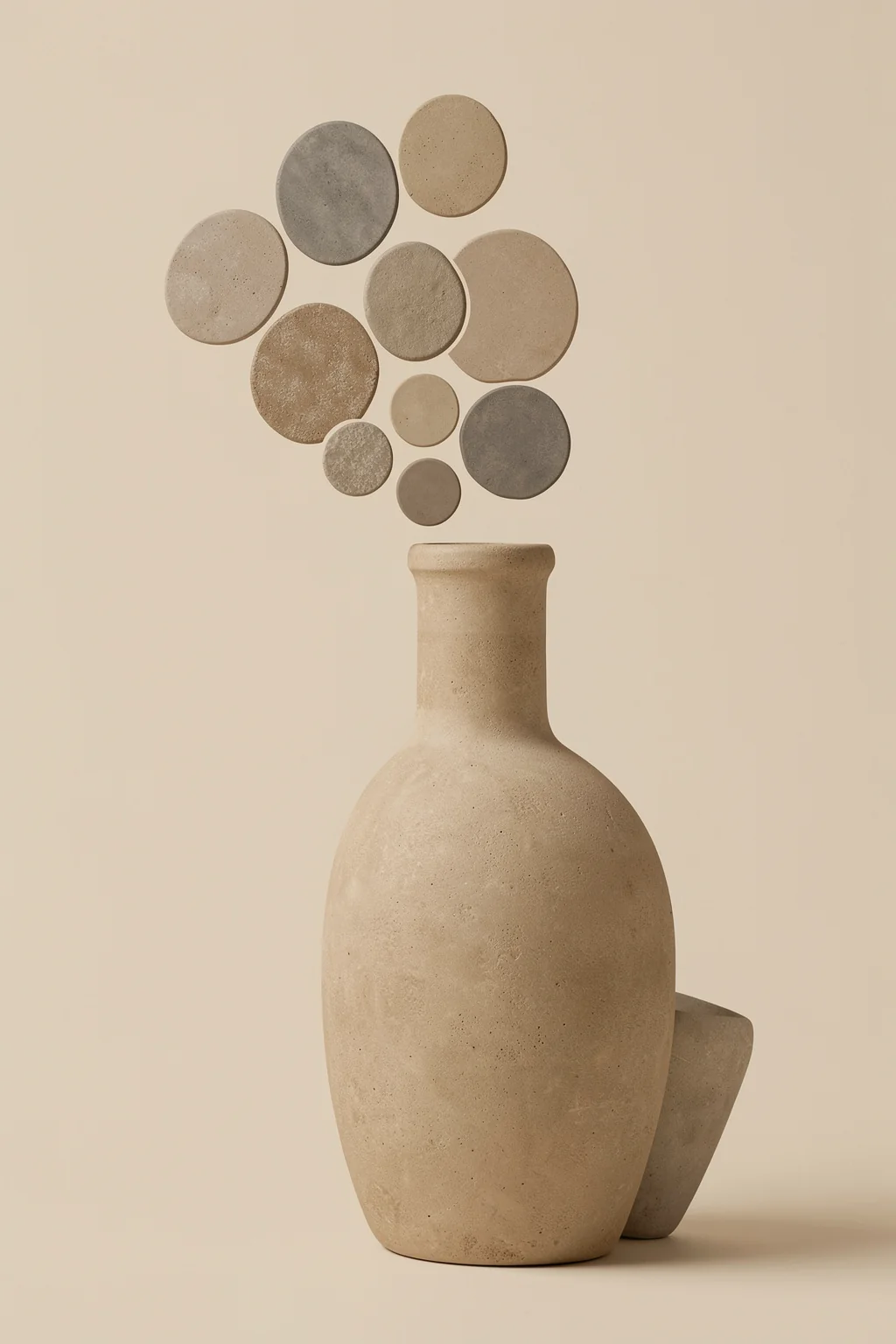 Organic Abstract Vase. A rounded textured beige vase stands beneath a cluster of floating neutral-toned circles on a pale background.