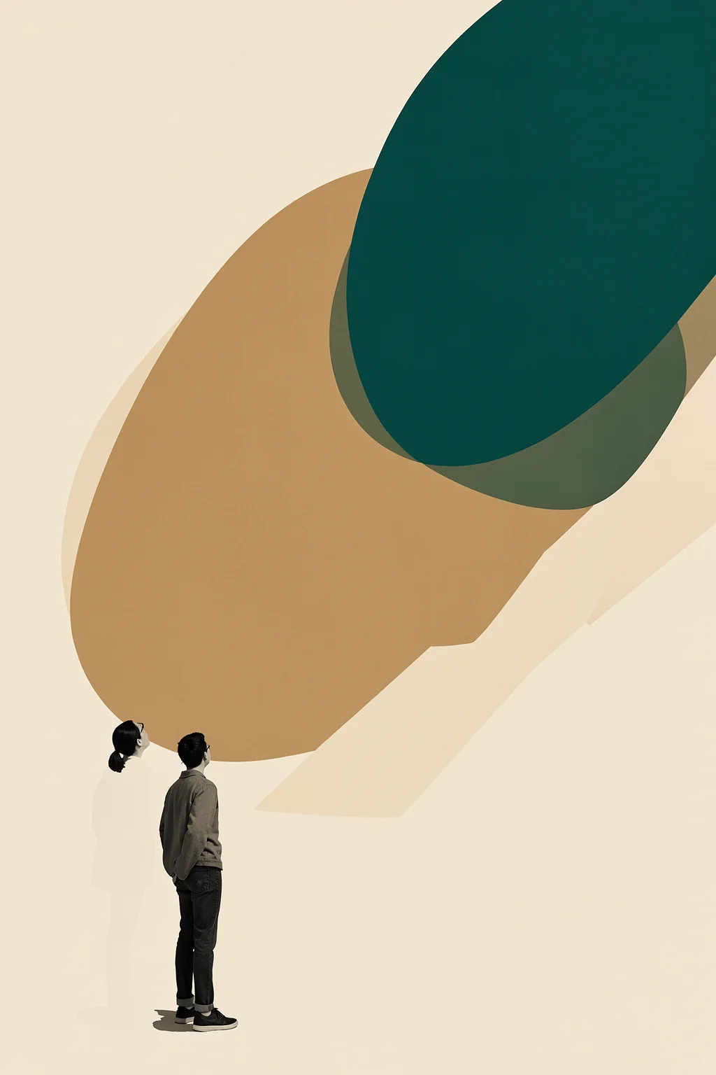 A thousand stories to tell you. Two small standing figures look up at enormous overlapping teal and ochre abstract shapes on a pale ground.
