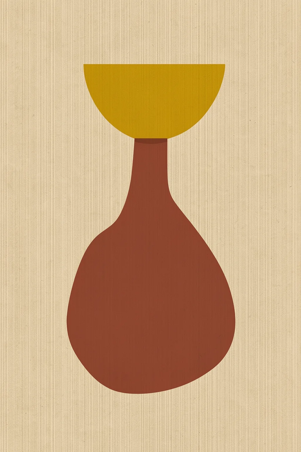 Abstract Balance. A simple geometric form combines a golden bowl-like semicircle, a narrow rust-red stem, and a rounded base on textured beige.