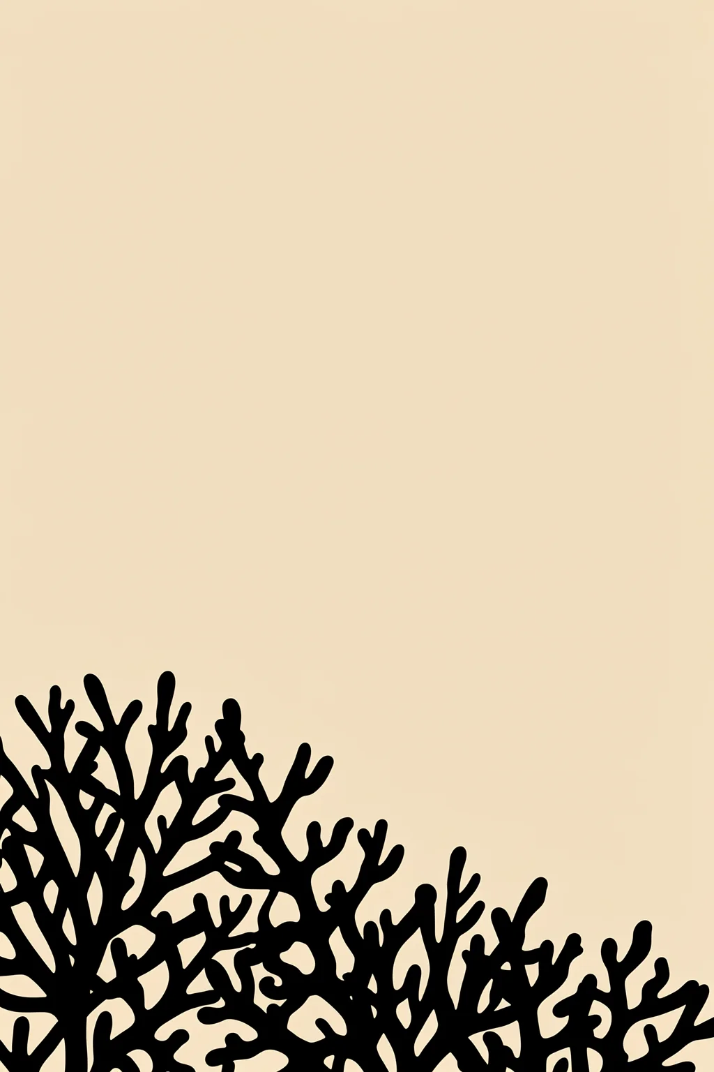 Abstract Botanical Shapes. A dense black branching coral-like silhouette spreads across the lower-left corner of a warm tan field.