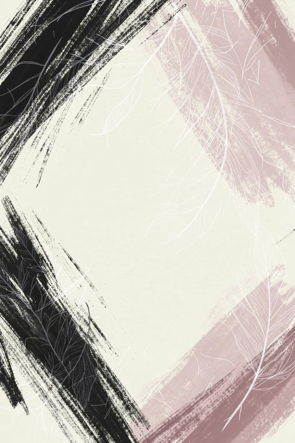 Abstract Brushstroke Flow. Broad black and dusty-rose brush arcs frame an open ivory center, overlaid with fine white botanical linework.
