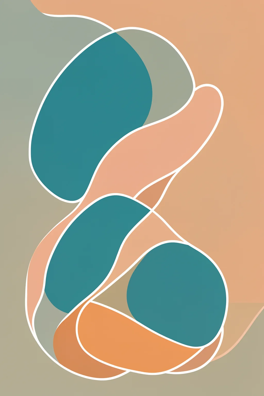 Abstract Embrace Sunset. White outlines divide overlapping flowing forms in teal, peach, sage, and cream against a warm coral background.
