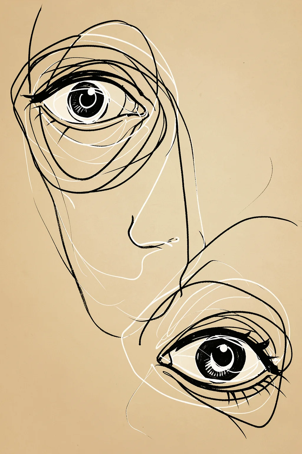 Abstract Facescape. Two oversized black-and-white eyes and partial face outlines overlap in loose sketch lines on tan.