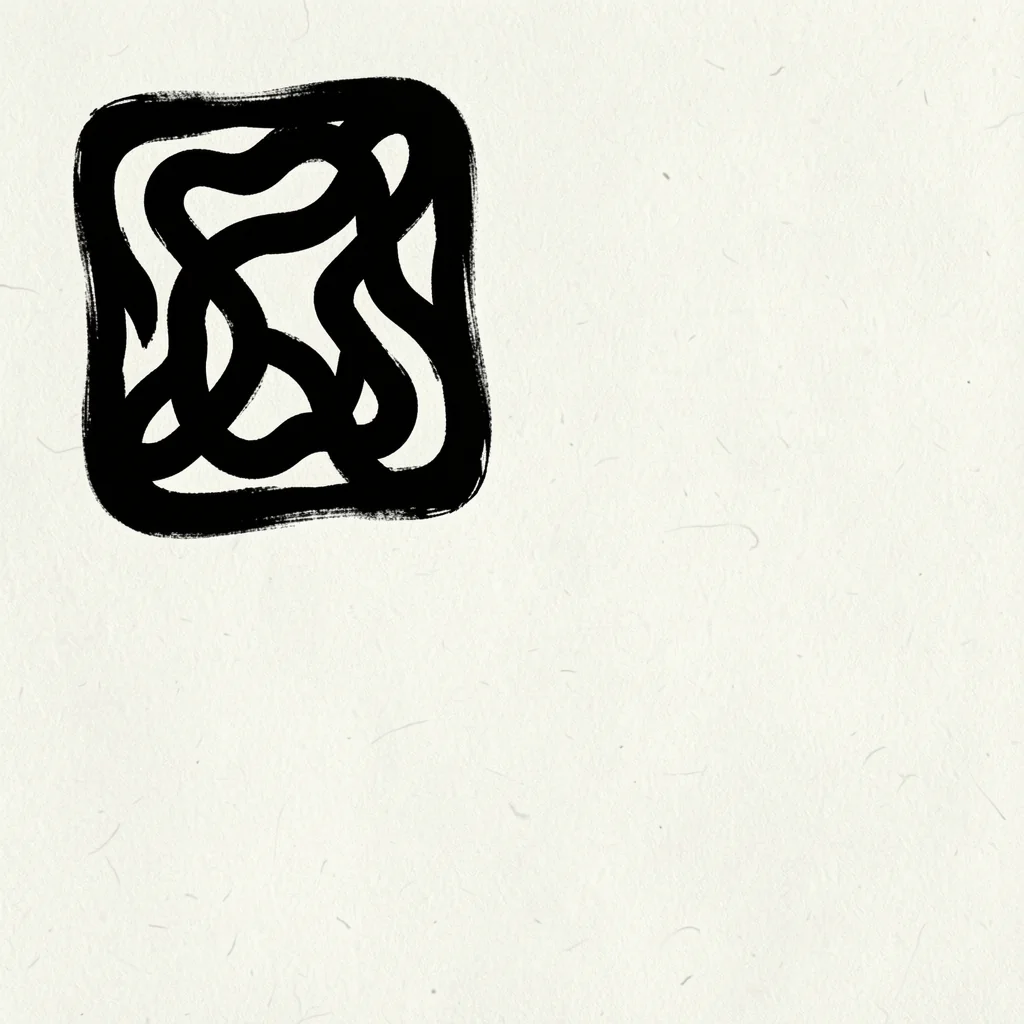 Abstract Melody. Interwoven black ribbon-like lines fill a rough-edged rounded square on textured ivory.