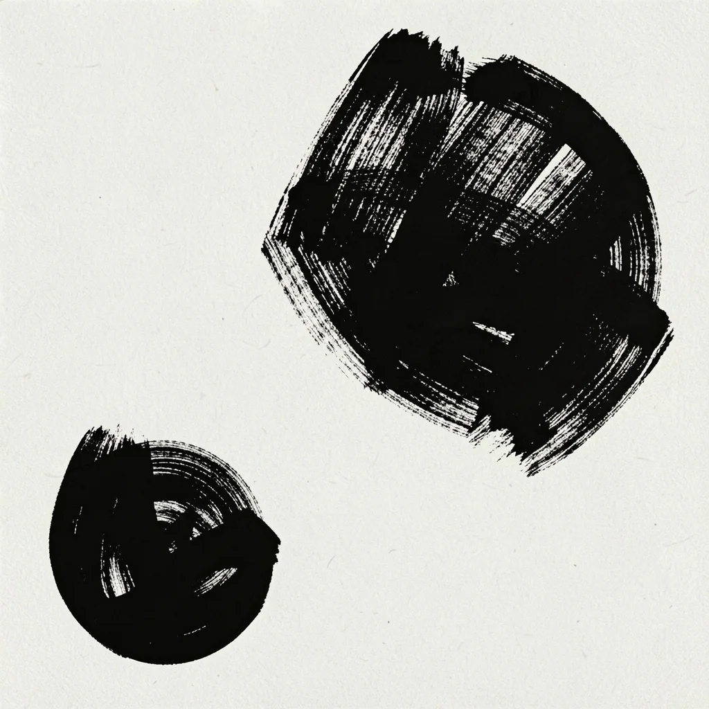 Abstract Melody No3. Two separate circular black brush marks, one large and one small, sit on a lightly textured white ground.