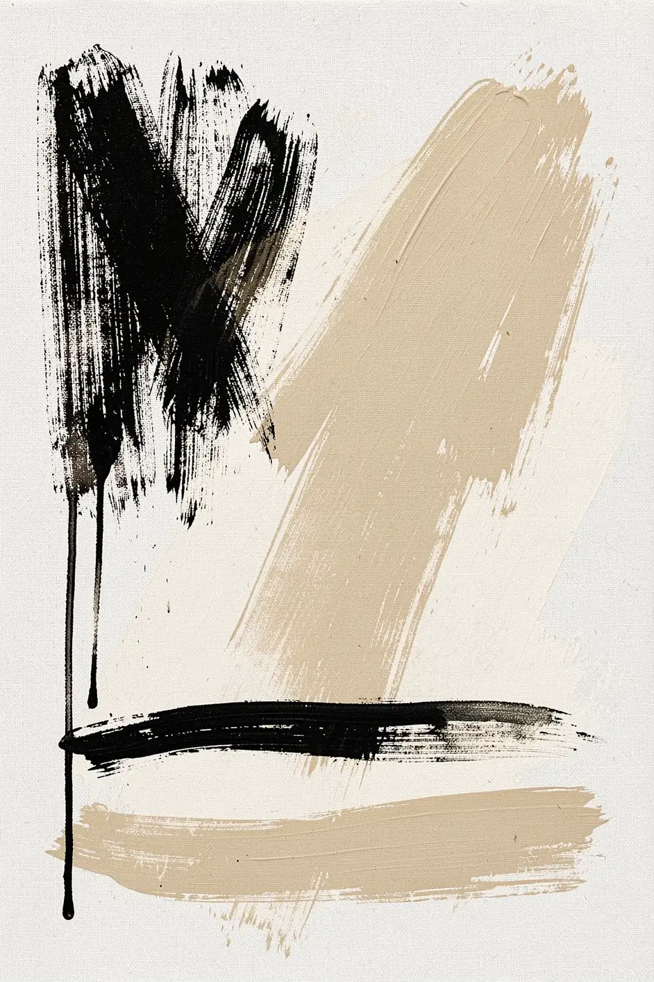 Abstract Swipes. Black and beige brush swipes overlap vertically and horizontally on textured ivory, with thin drips descending at left.