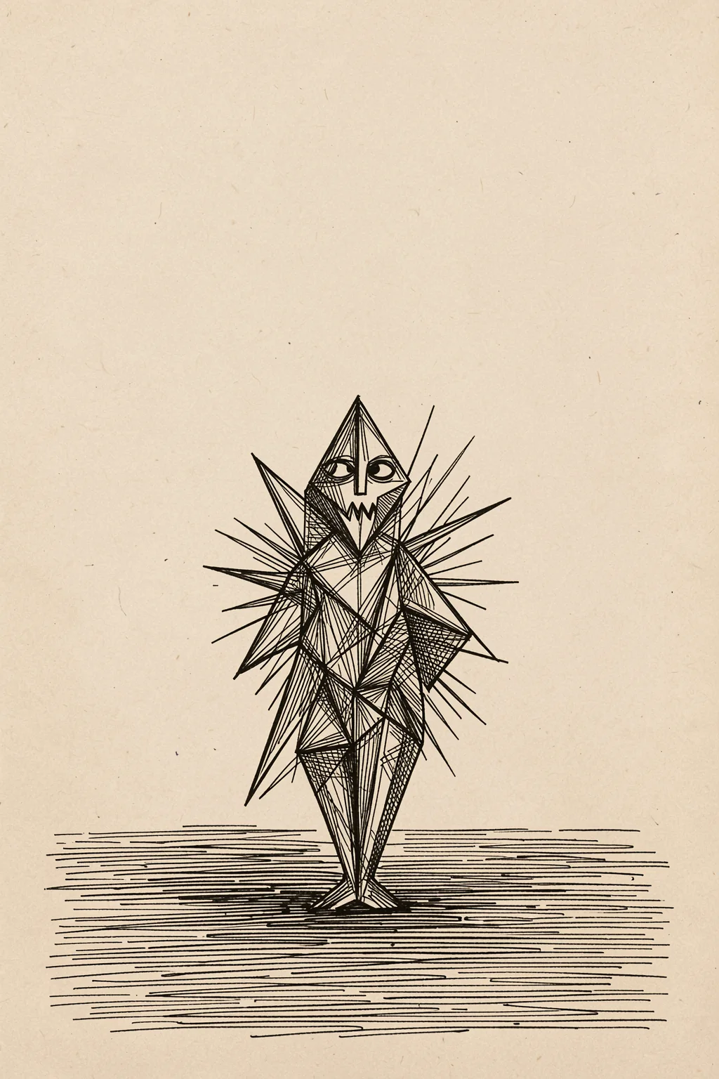 Ass Esel 1925. A sharply angular, spiky figure drawn in fine black lines stands above horizontal ground marks on aged beige paper.