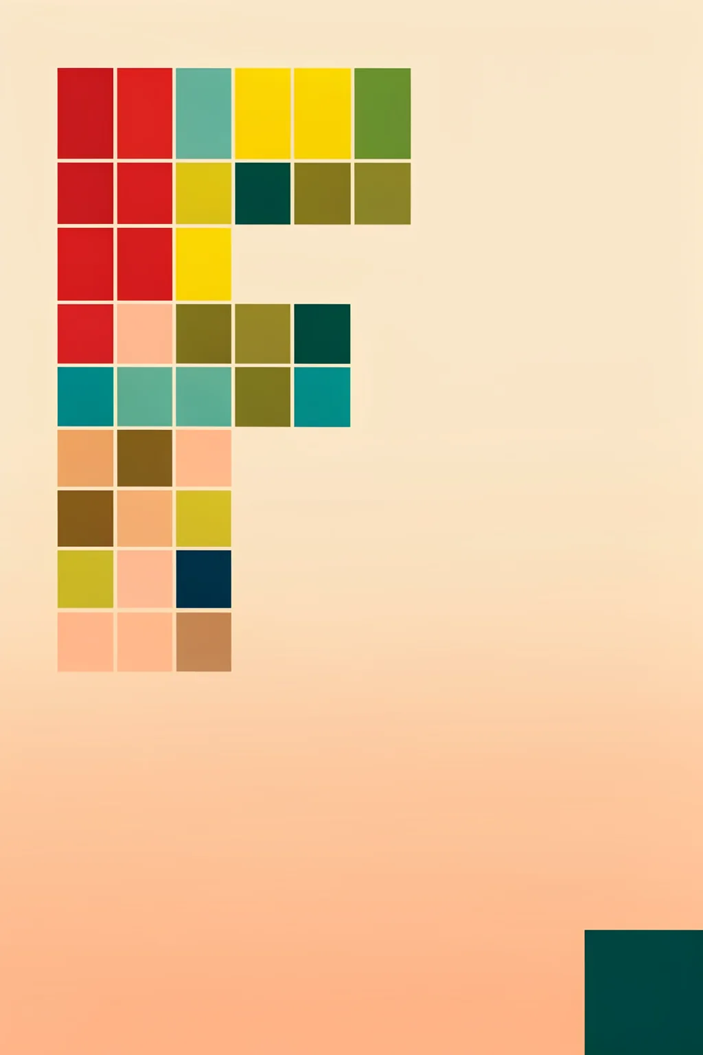 Bauhaus Geometry. A loose grid of red, yellow, teal, green, and ochre square blocks occupies the upper-left of a pale peach background.