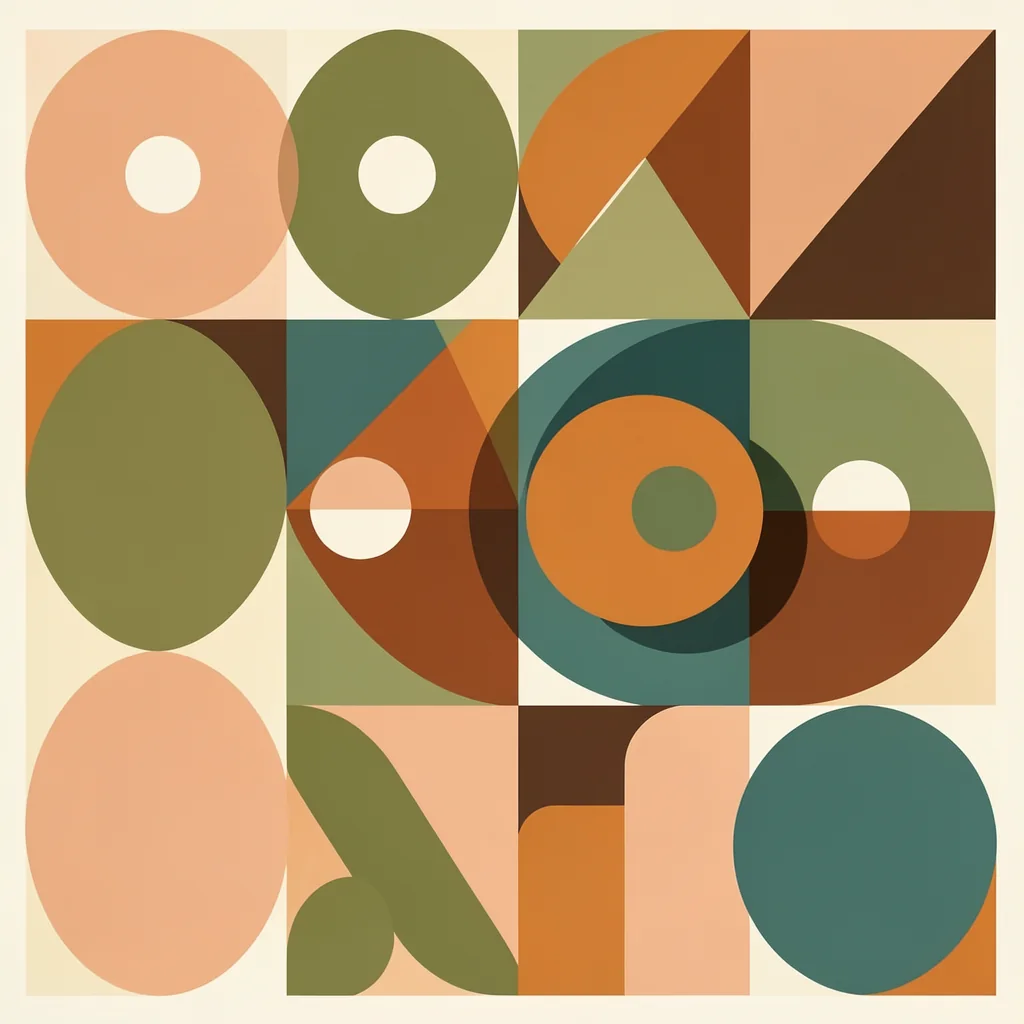 Bauhaus New 4. A grid of circles, rings, triangles, and semicircles in muted peach, olive, rust, and brown fills a cream square.