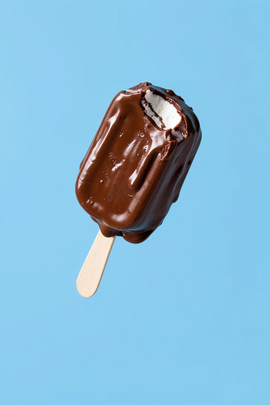Bitten Chocolate Ice Cream. A bitten chocolate-coated ice cream bar on a wooden stick is isolated against bright blue.