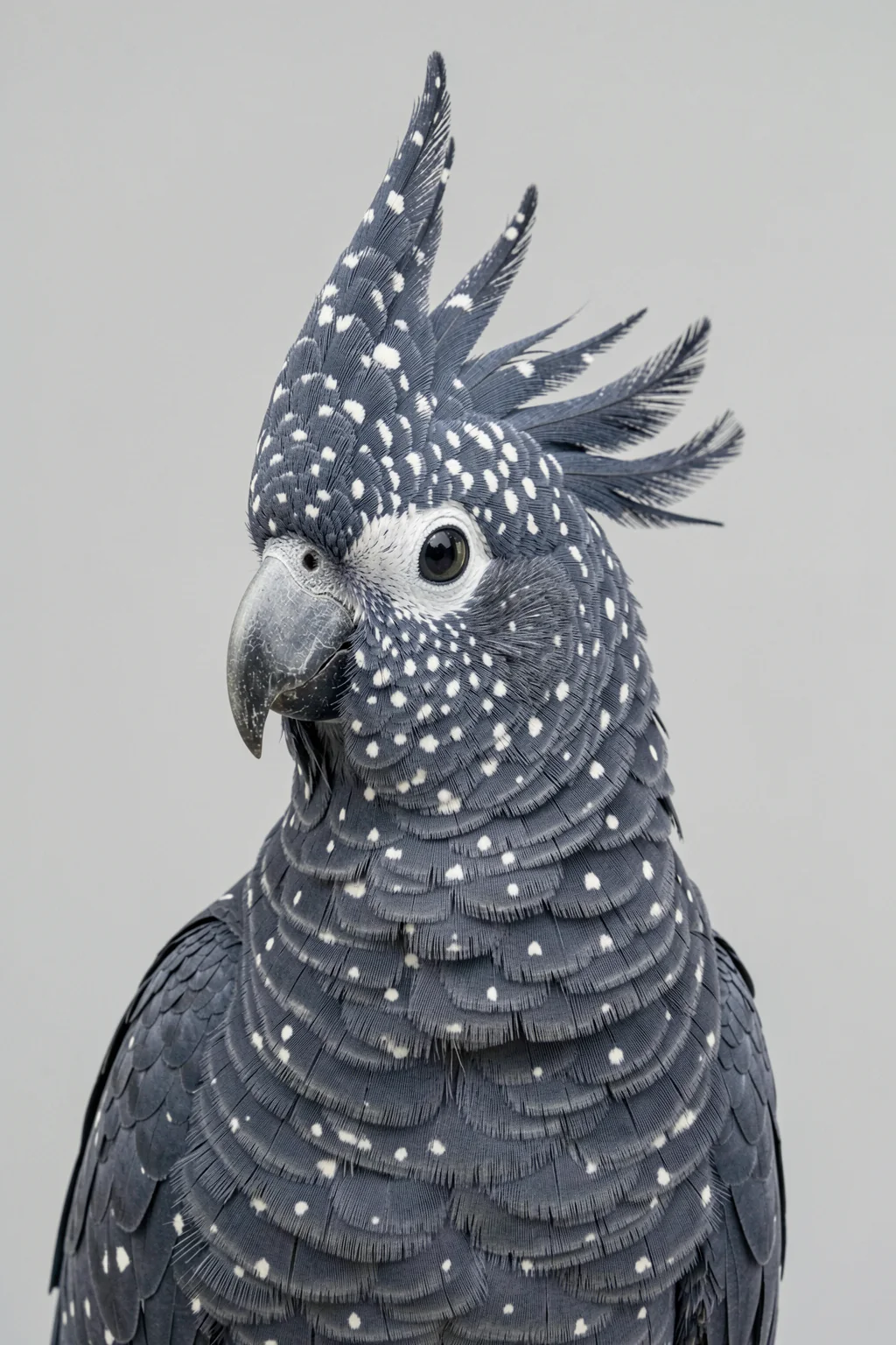 Black Cockatoo. A gray cockatoo with a raised crest and pale dotted markings is shown in close-up against a light gray background.