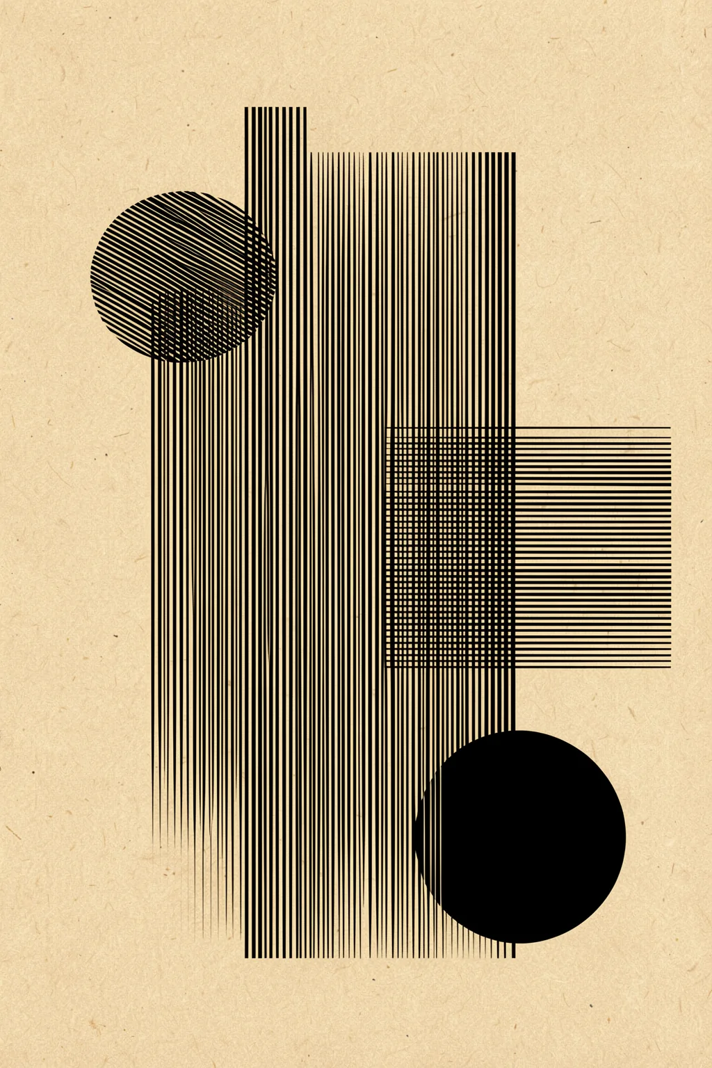 Black Lines And Circle. Fine black vertical and horizontal lines form layered grids around one striped circle and one solid black circle on textured tan.