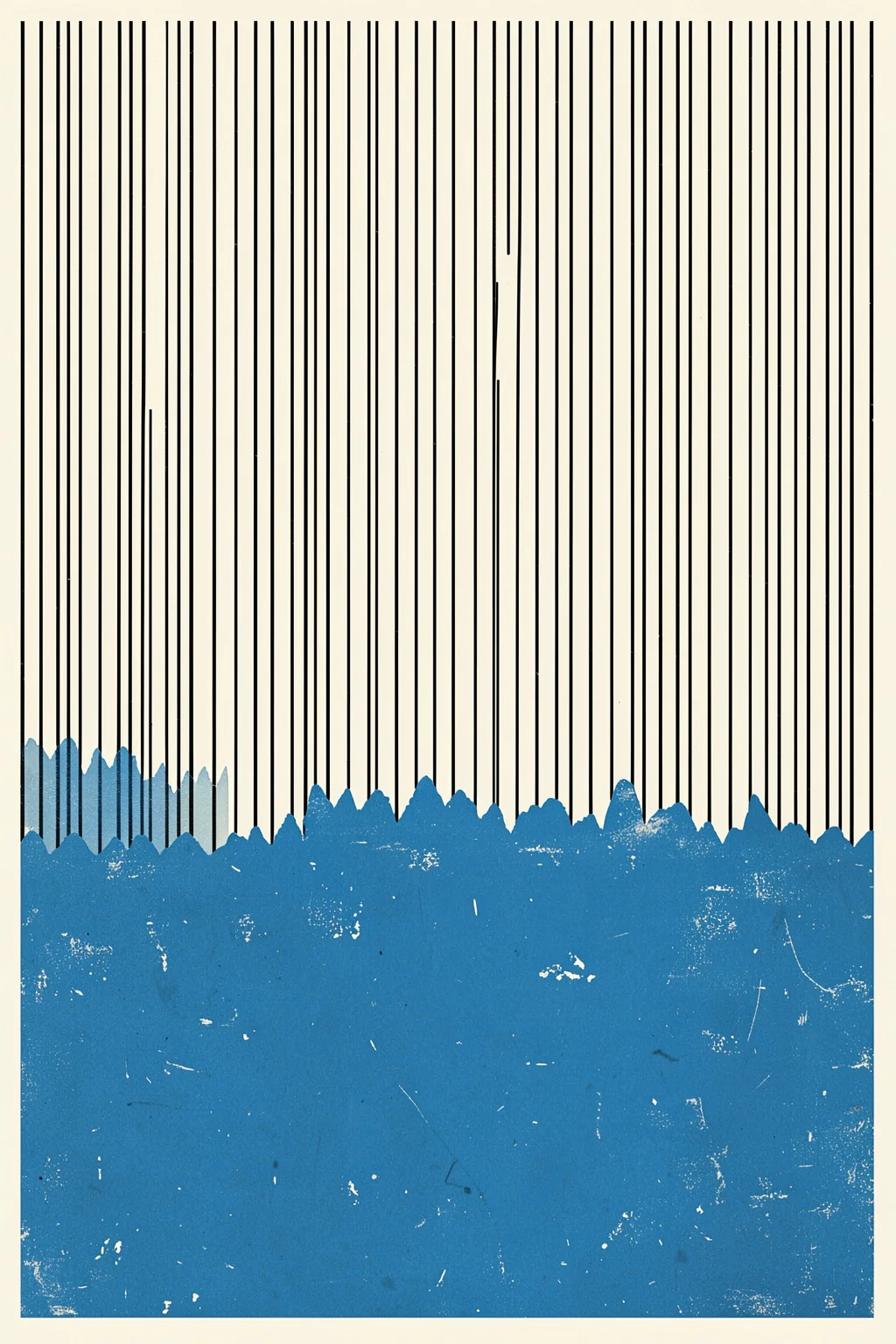 Blue Line Harmony. Fine black vertical lines descend toward a textured blue band that forms an abstract landscape along the lower edge.