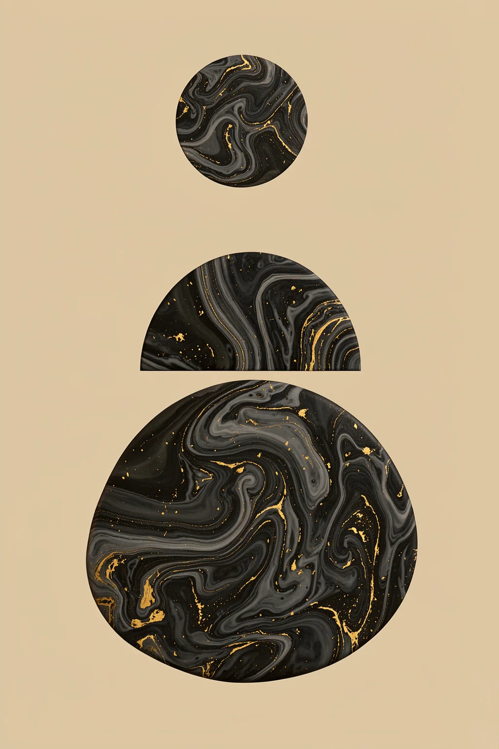 Calm Teal Balance. Three separated black marbled circular forms, flecked with gold, are stacked vertically on a tan background.